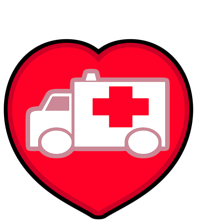 Image of an ambulance inside a red cartoon heart