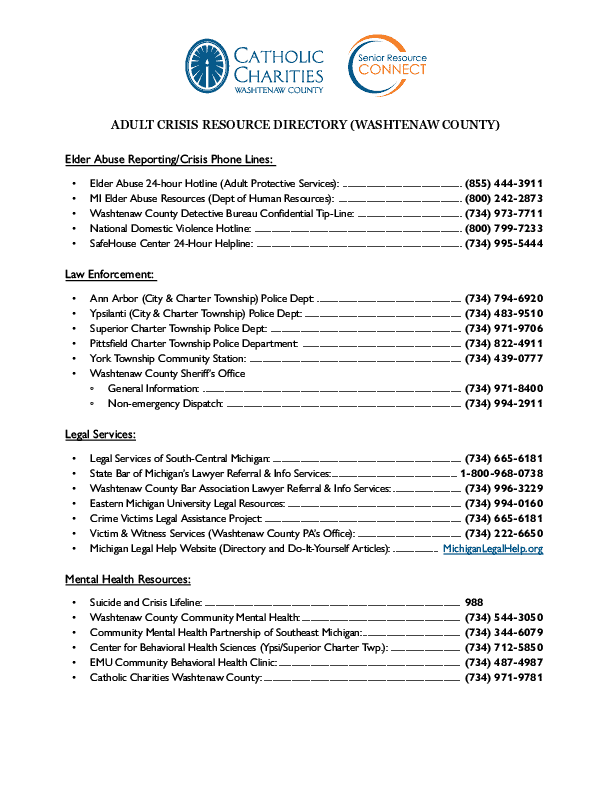 Crisis Resource Directory - Washtenaw County 2024